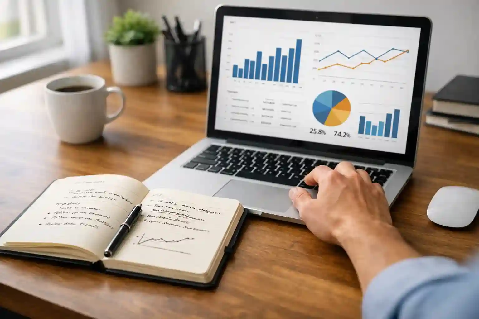 Analytická strategie sázení Pracovní stůl s notebookem a poznámkovým blokem při analytické práci