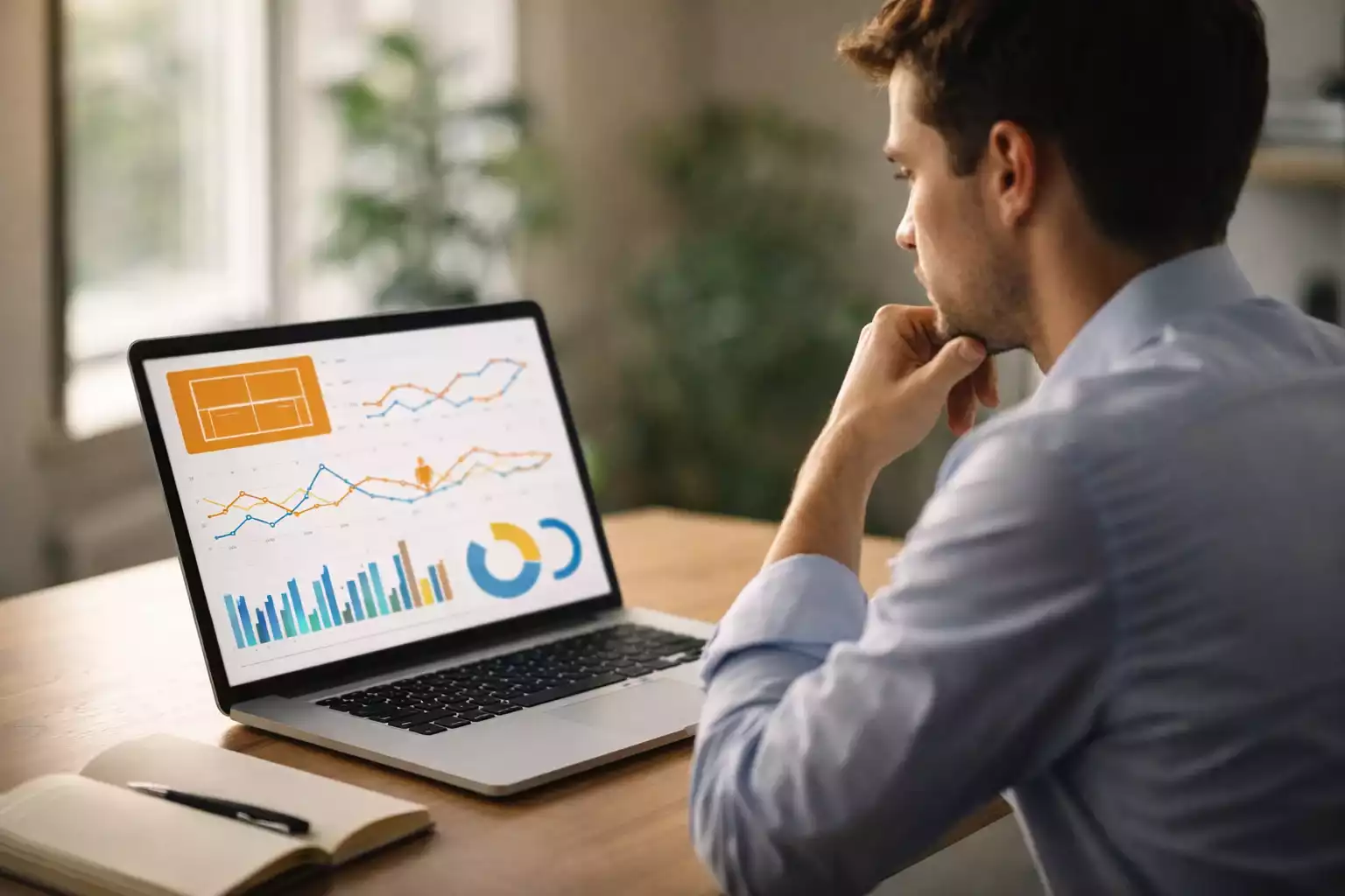 Strategie sázení tenis Analytik studující strategie pro sázení na ženský tenis WTA u laptopu