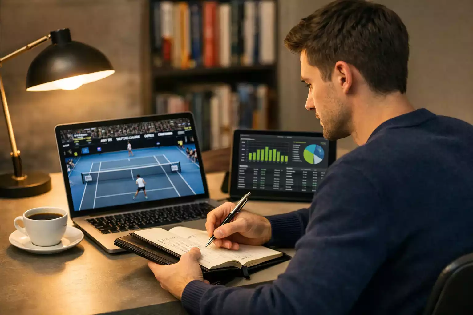 Analýza tenisových strategií Analytik studující tenisový zápas a statistiky na notebooku