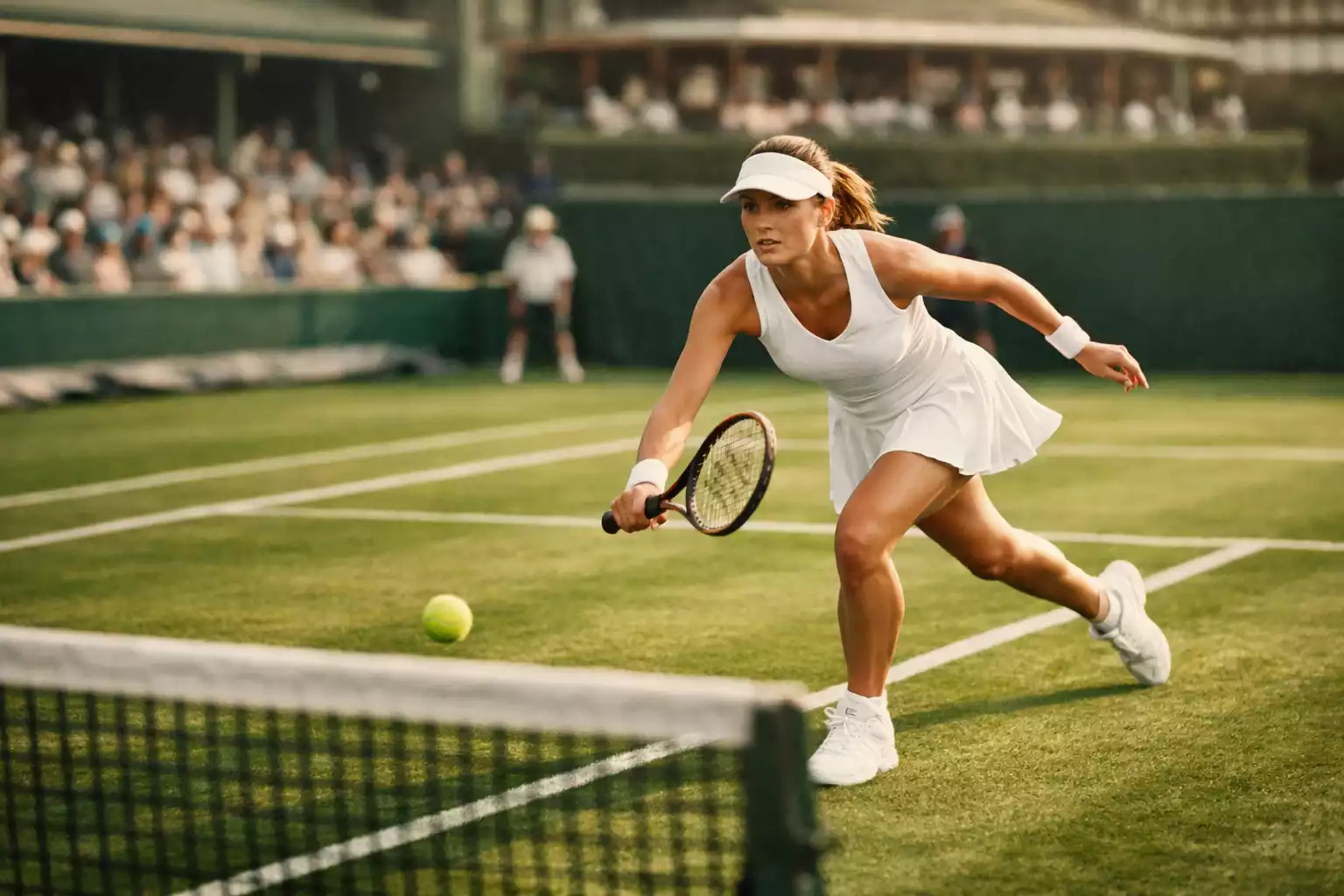Tenistka na trávě Wimbledon Tenistka v bílém útočící u sítě na travnatém kurtu ve wimbledonském stylu