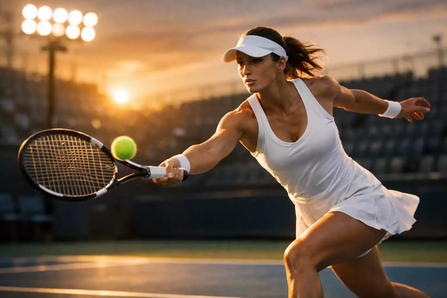 Profesionální tenis WTA Profesionální tenistka při úderu na kurtu při západu slunce - kompletní průvodce sázením na WTA